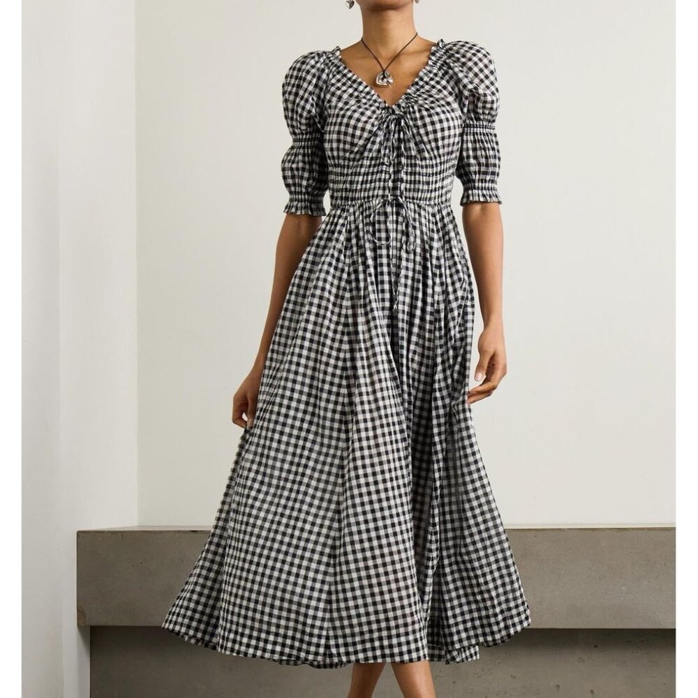 DÔEN Ischia shirred gingham cotton-voile midi dress